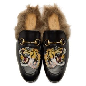 Gucci Princetown Embroidered Fur Mules - 36